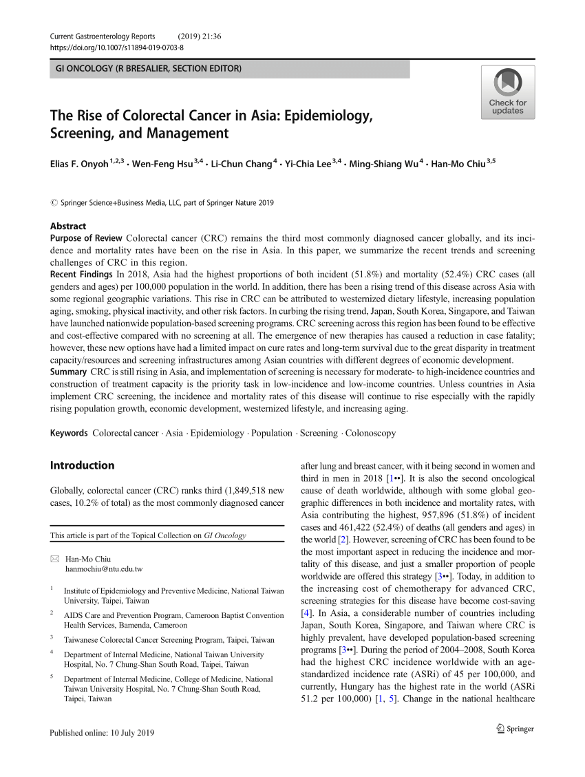 Pdf The Rise Of Colorectal Cancer In Asia Epidemiology Screening And Management