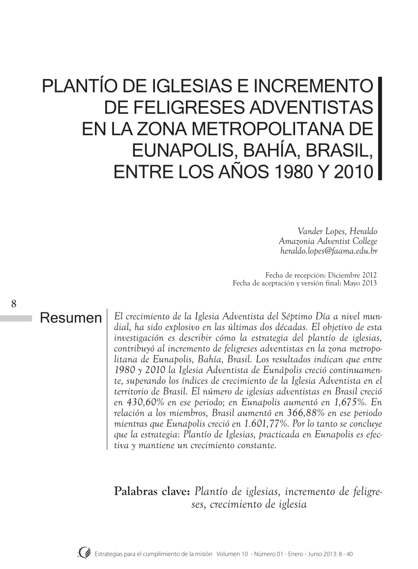 PDF) Plantío de iglesias e incremento de Feligreses Adventistas en la Zona  Metropolitana de Eunapolis, Bahía, Brasil, entre los años 1980 y 2010
