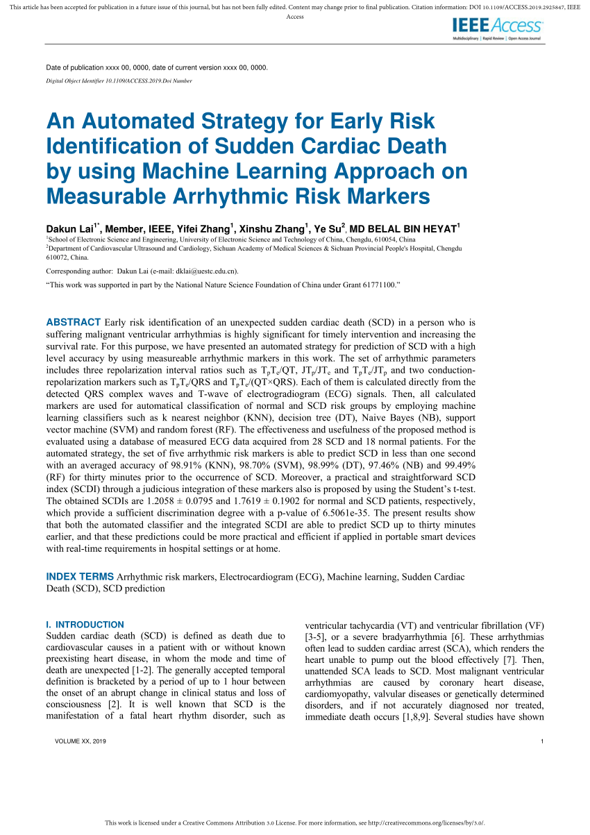 PDF) An Automated Strategy for Early Risk Identification of Sudden Cardiac  Death by Using Machine Learning Approach on Measurable Arrhythmic Risk  Markers