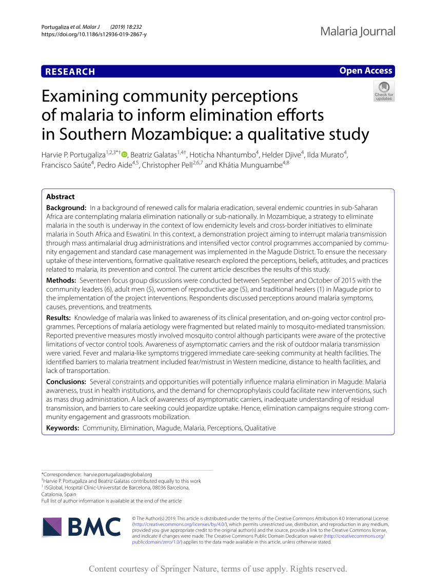 Pdf Examining Community Perceptions Of Malaria To Inform Elimination Efforts In Southern Mozambique A Qualitative Study