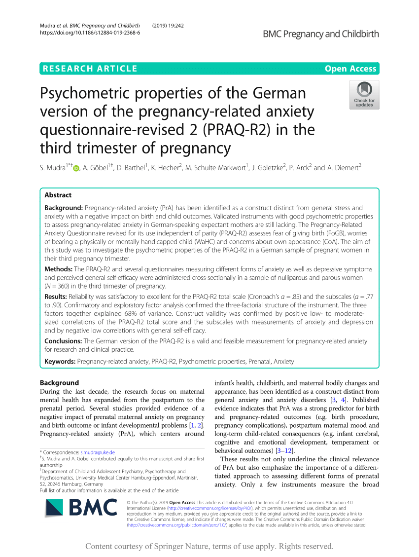 Pdf Psychometric Properties Of The German Version Of The Pregnancy-related Anxiety Questionnaire-revised 2 Praq-r2 In The Third Trimester Of Pregnancy