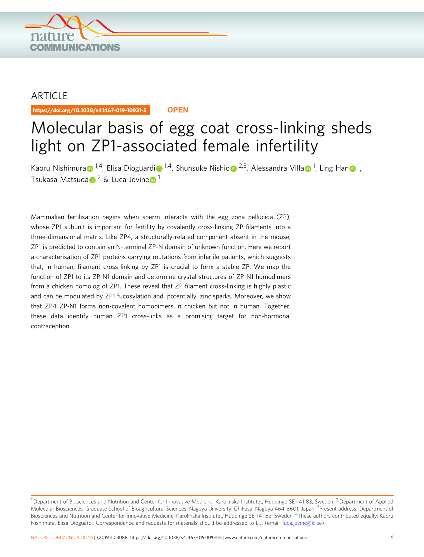 Pdf Molecular Basis Of Egg Coat Cross Linking Sheds Light On Zp1 Associated Female Infertility 8332