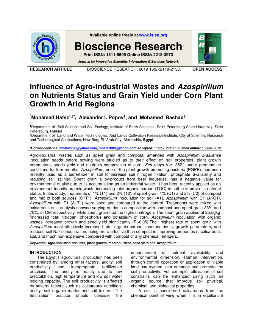 Pdf Influence Of Agro Industrial Wastes And Azospirillum On Nutrients Status And Grain Yield Under Corn Plant Growth In Arid Regions