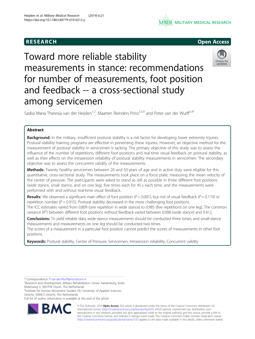 PDF) Toward more reliable stability measurements in stance: recommendations  for number of measurements, foot position and feedback -- a cross-sectional  study among servicemen