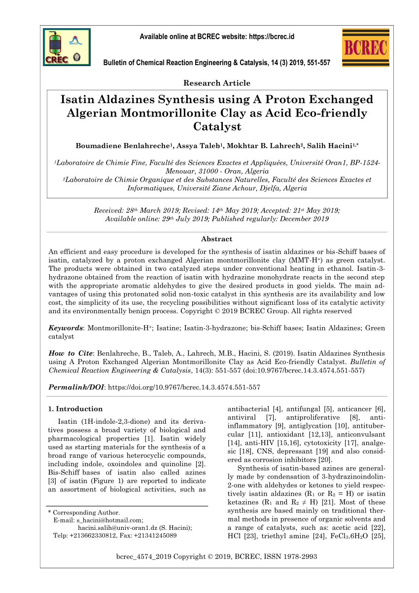 Pdf Isatin Aldazines Synthesis Using A Proton Exchanged Algerian Montmorillonite Clay As Acid Eco Friendly Catalyst