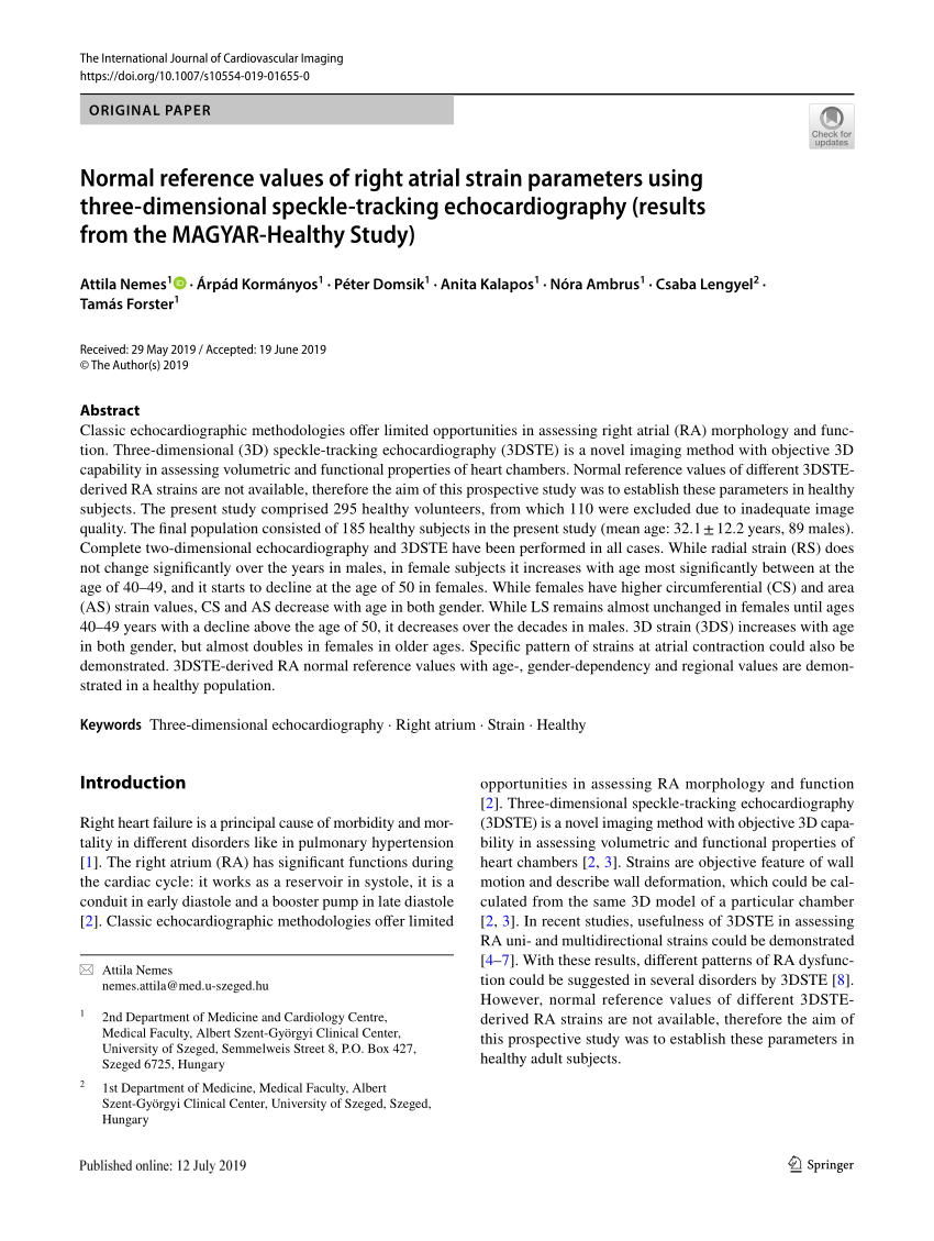 Sex- and Method-Specific Reference Values for Right Ventricular Strain by  2-Dimensional Speckle-Tracking Echocardiography