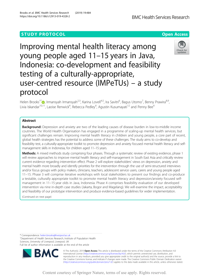 Pdf Improving Mental Health Literacy Among Young People Aged 1115 Years In Java Indonesia Co-development And Feasibility Testing Of A Culturally-appropriate User-centred Resource Impetus A Study Protocol