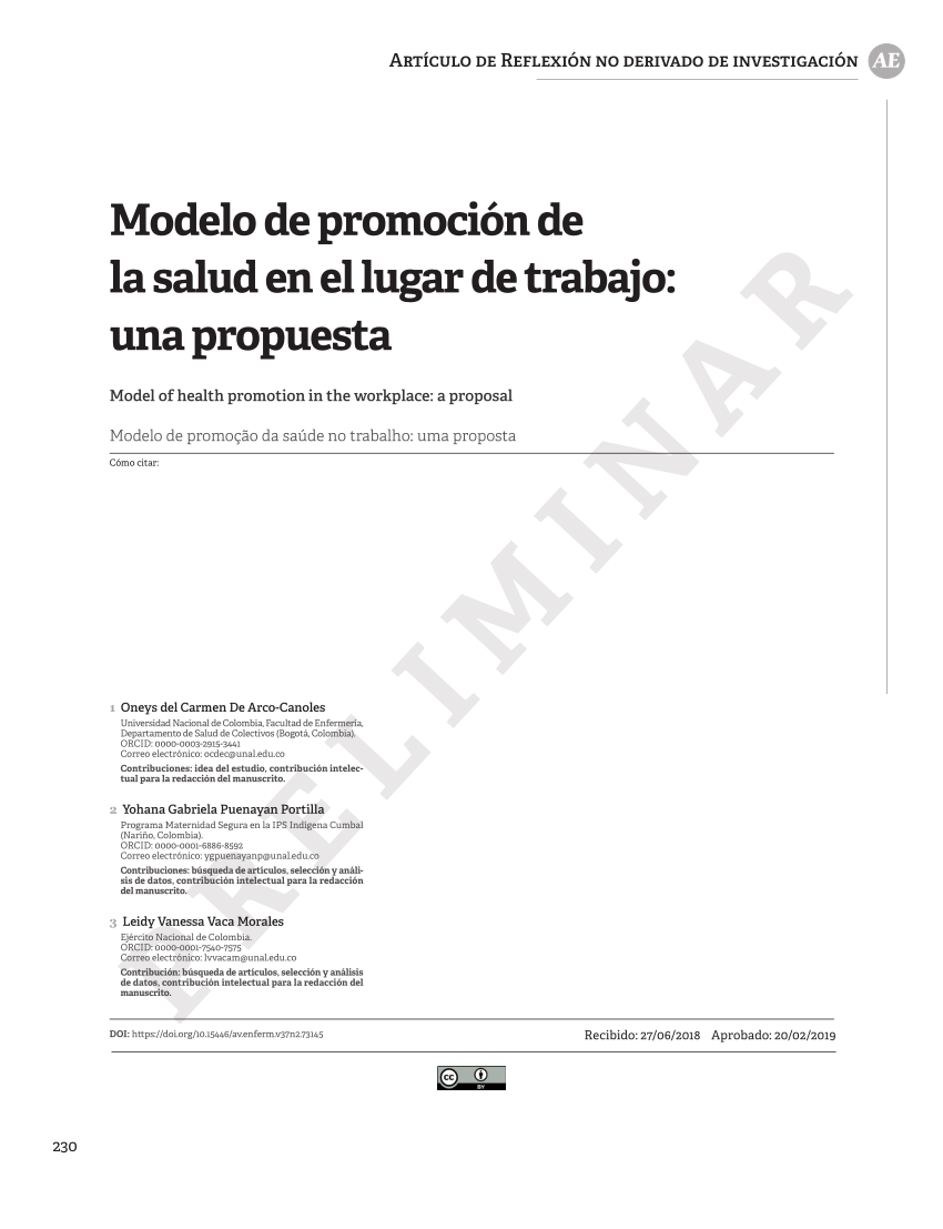 PDF) Modelo de Promoción de la salud en el lugar de trabajo: una propuesta