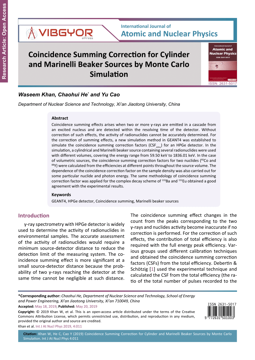 Pdf Coincidence Summing Correction For Cylinder And Marinelli Beaker Sources By Monte Carlo Simulation