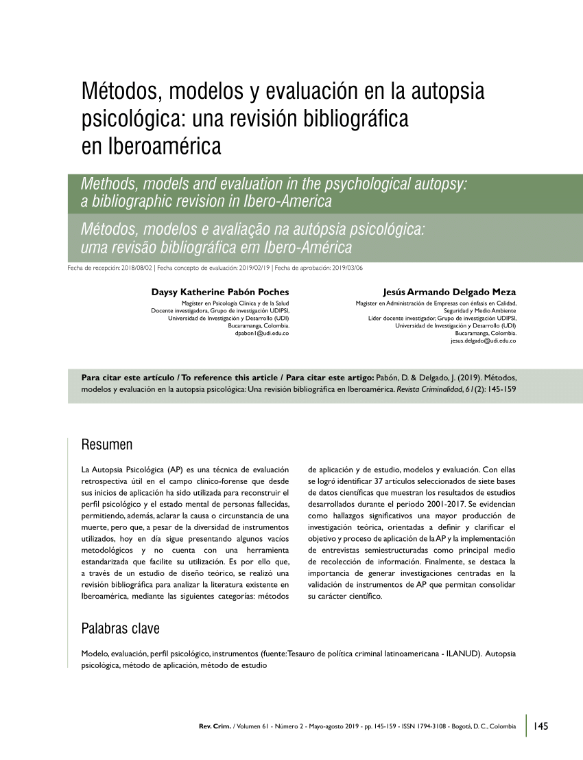 PDF) Métodos modelos y evaluación en al autopsia psicológica una revisión  bibliográfica en Iberoamerica