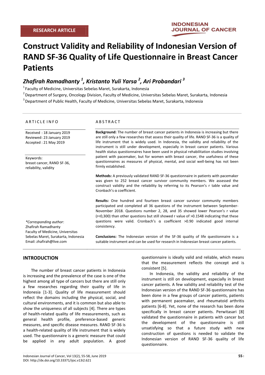 Pdf Construct Validity And Reliability Of Indonesian Version Of Rand Sf 36 Quality Of Life Questionnaire In Breast Cancer Patients