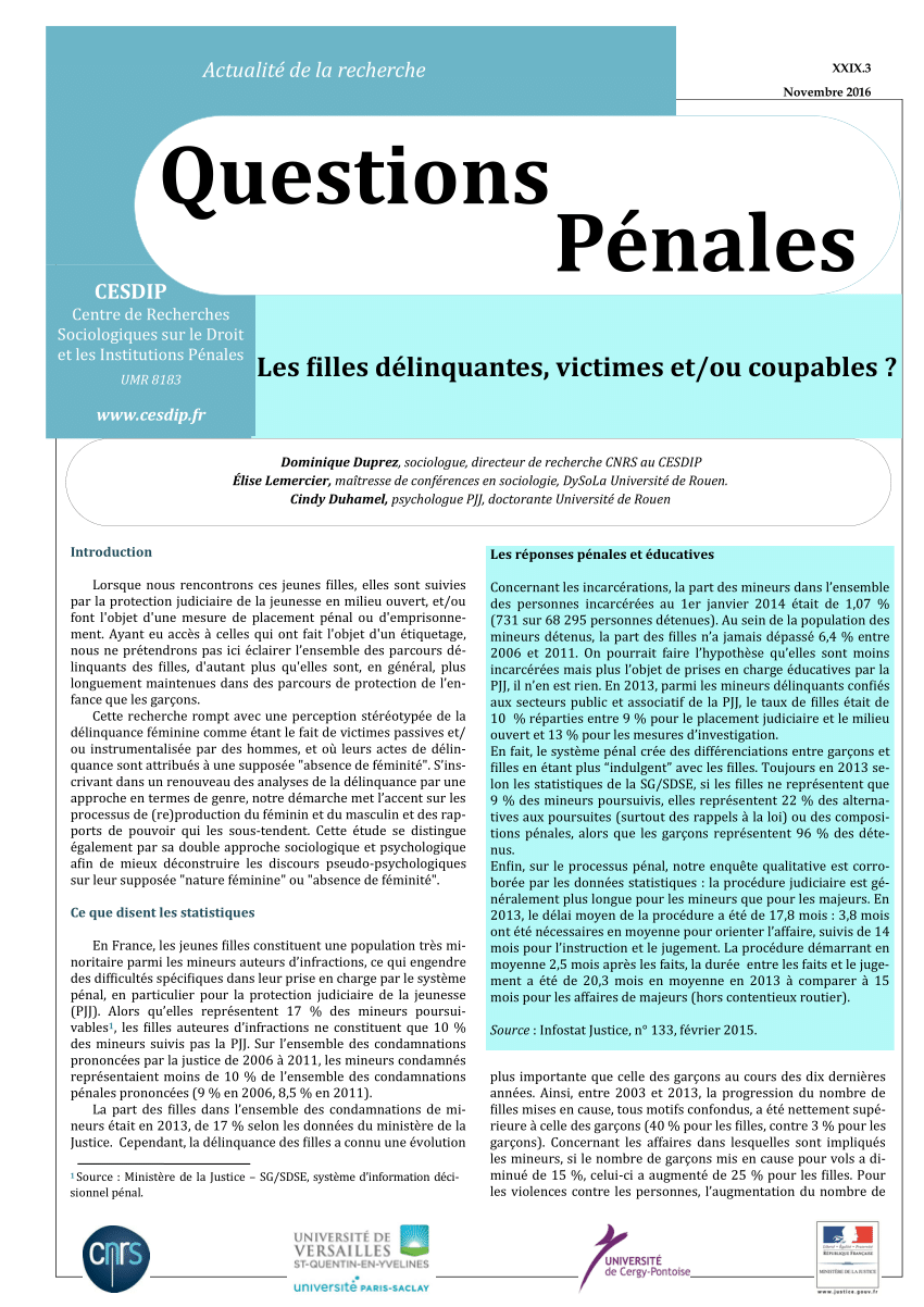 (PDF) Les filles délinquantes, victimes et/ou coupables