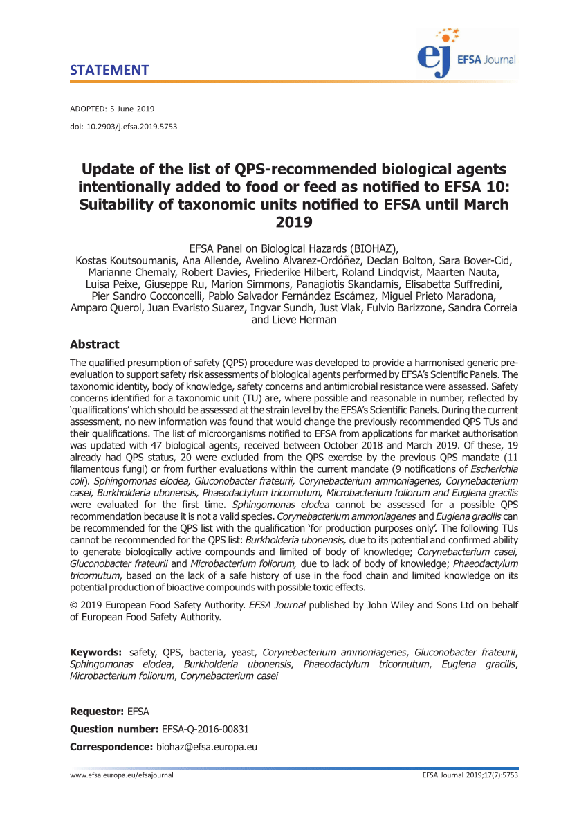 PDF) Update of the list of QPS‐recommended biological agents 
