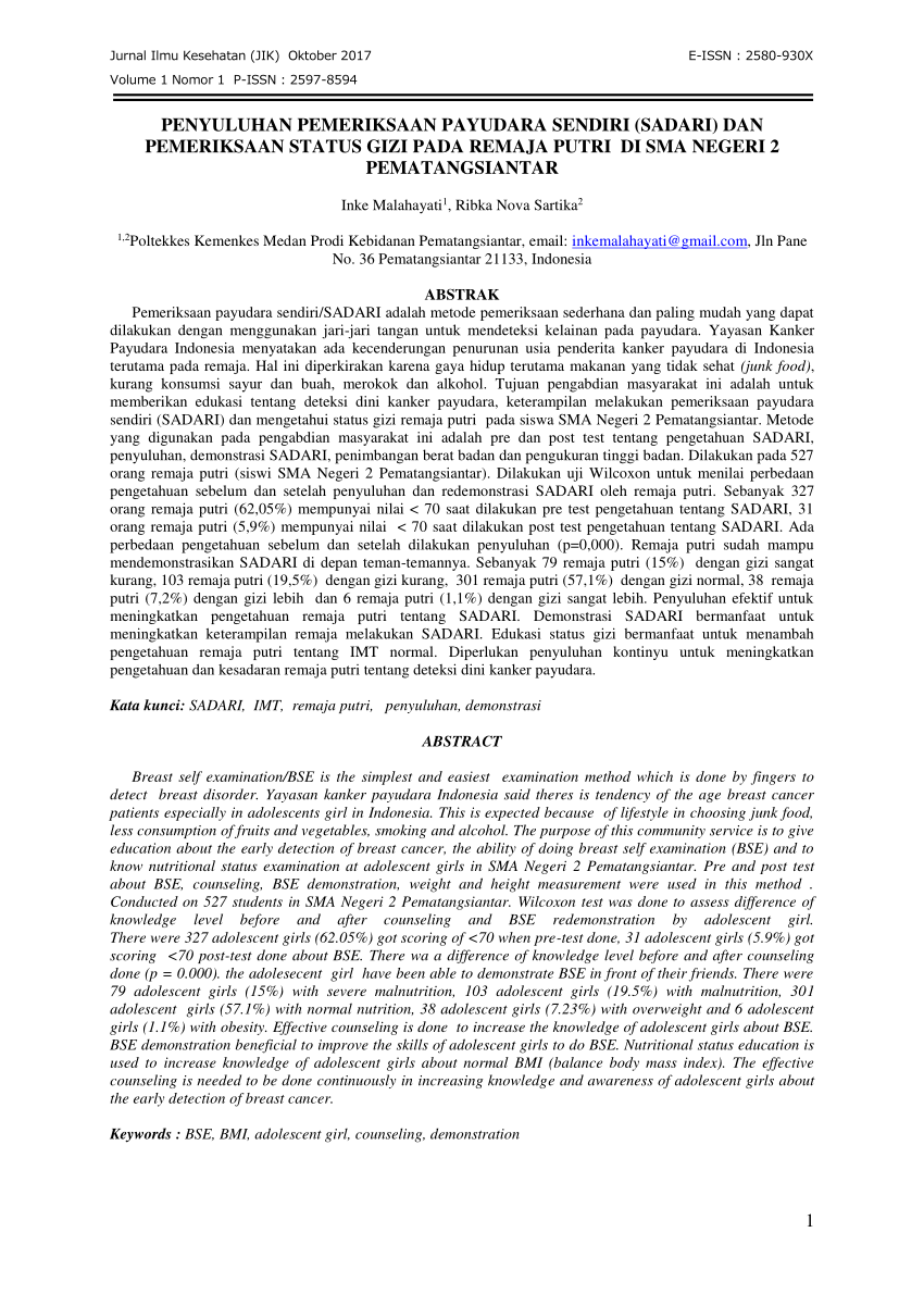 Pdf Penyuluhan Pemeriksaan Payudara Sendiri Sadari Dan Pemeriksaan Status Gizi Pada Remaja Putri Di Sma Negeri 2 Pematangsiantar