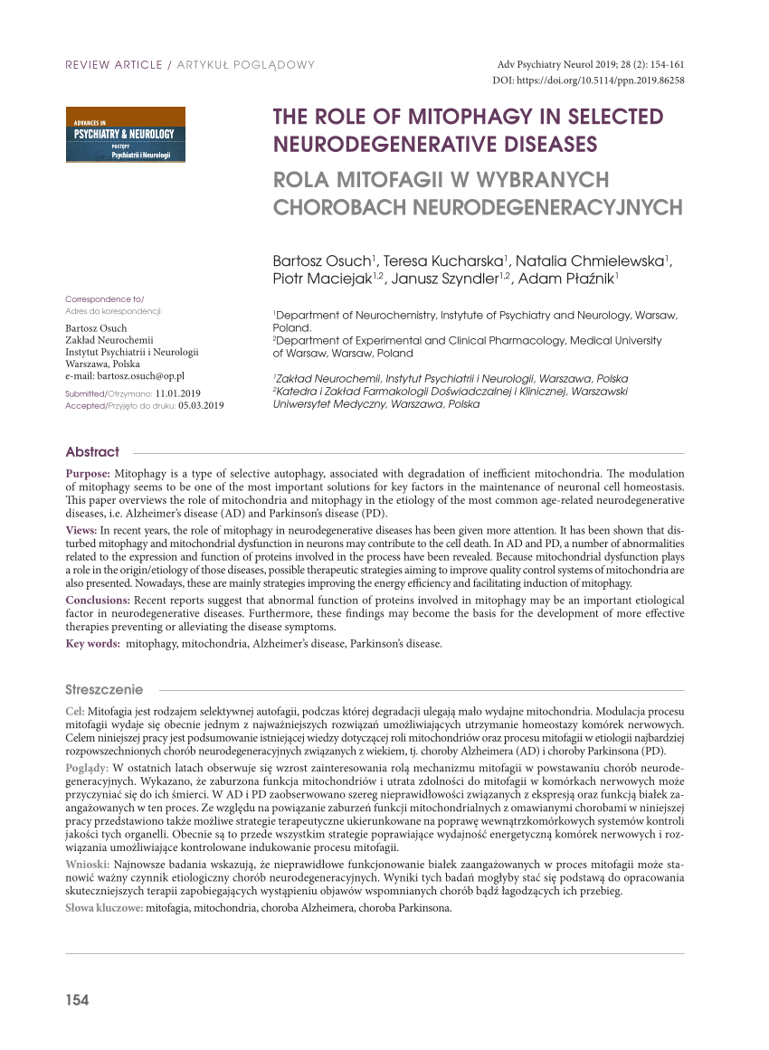 Pdf The Role Of Mitophagy In Selected Neurodegenerative Diseases 9805
