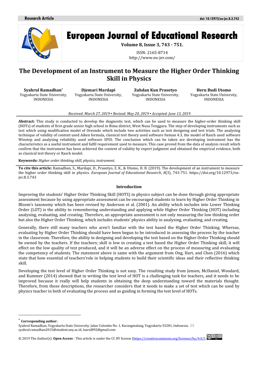 Pdf The Development Of An Instrument To Measure The Higher Order Thinking Skill In Physics