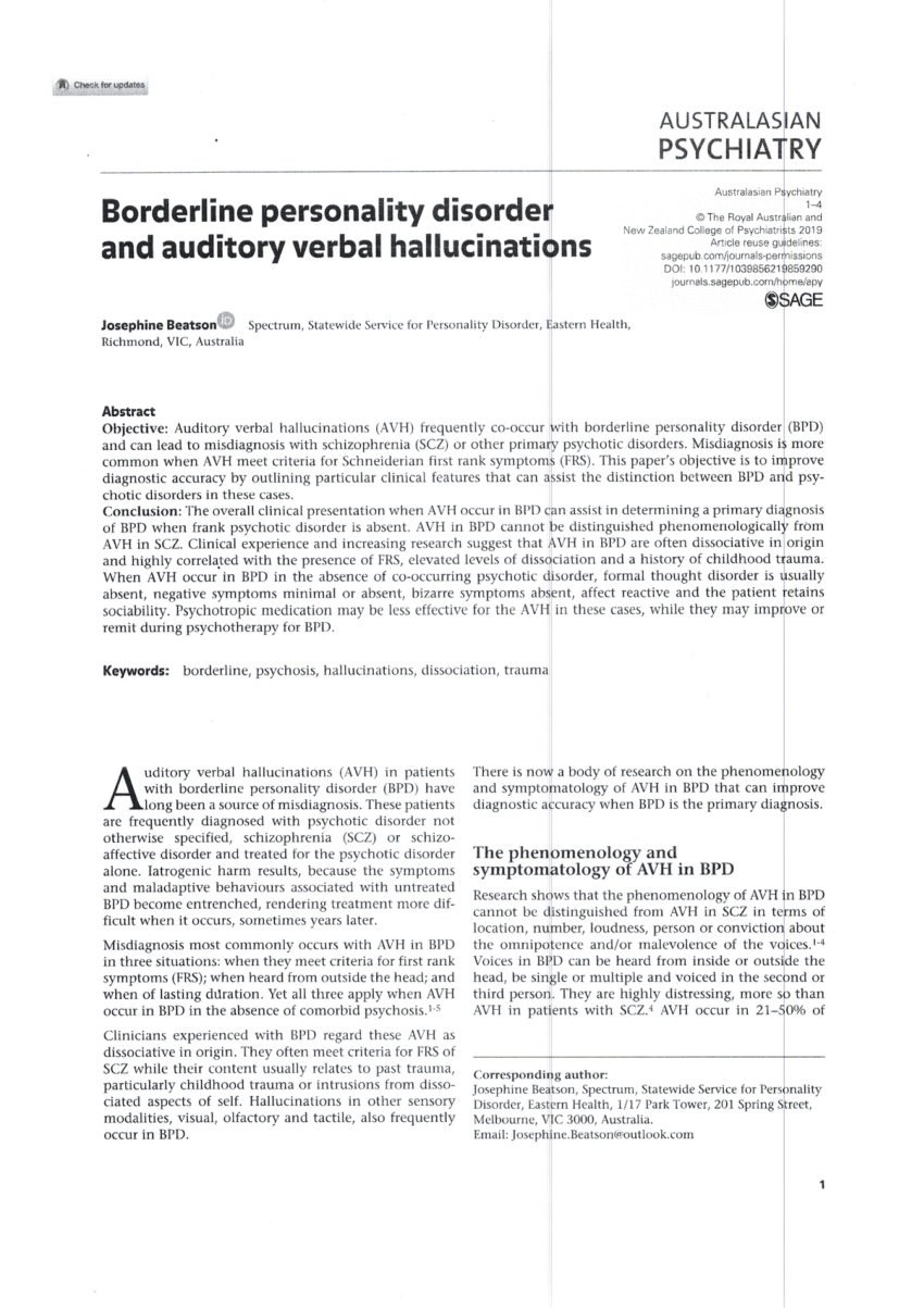 Pdf Borderline Personality Disorder And Auditory Verbal Hallucinations
