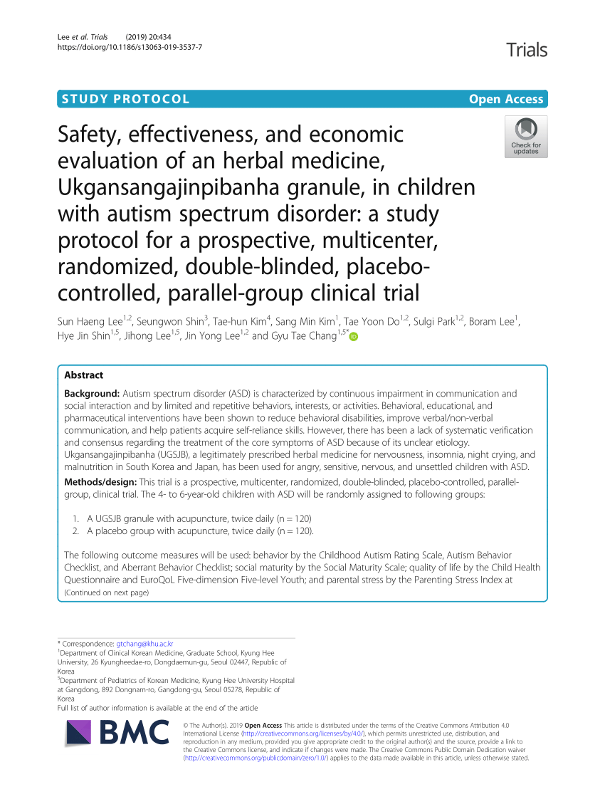 Pdf Safety Effectiveness And Economic Evaluation Of An Herbal Medicine Ukgansangajinpibanha Granule In Children With Autism Spectrum Disorder A Study Protocol For A Prospective Multicenter Randomized Double Blinded Placebo Controlled