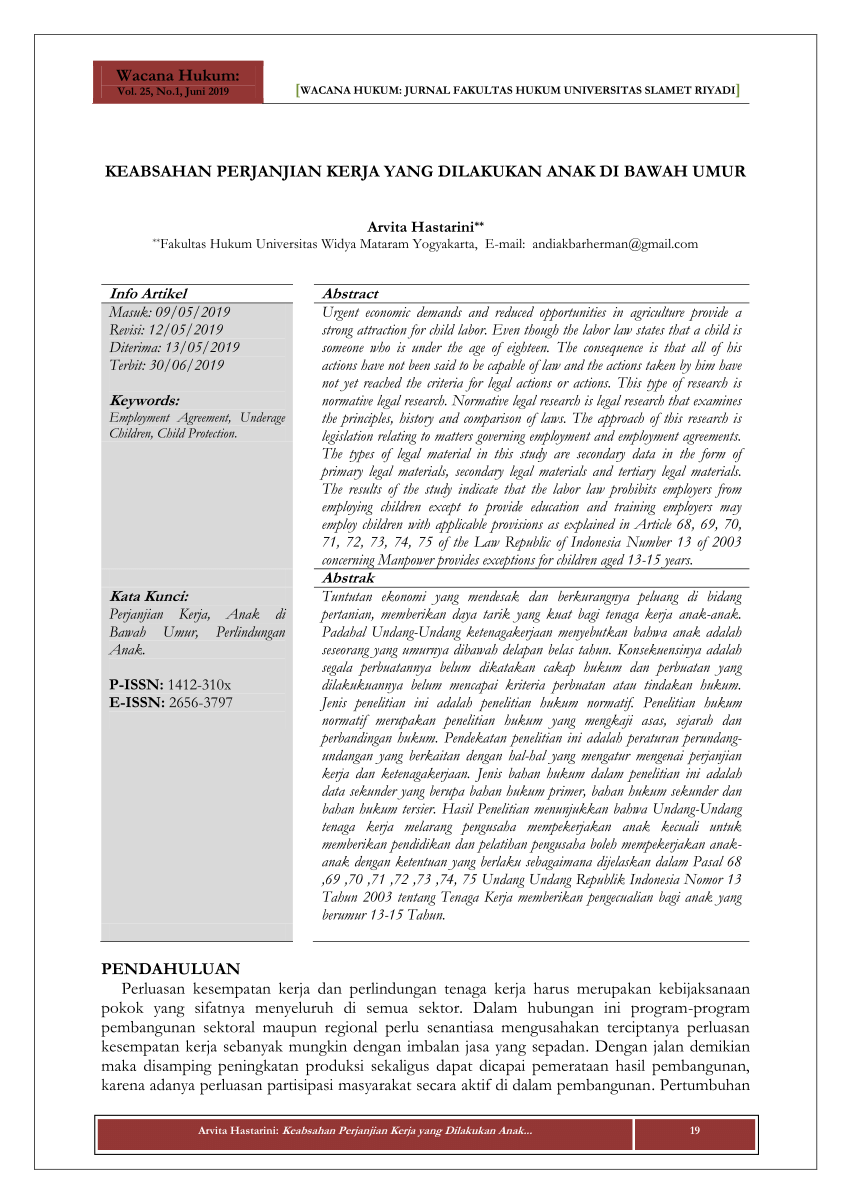 Pdf Keabsahan Perjanjian Kerja Yang Dilakukan Anak Di Bawah Umur