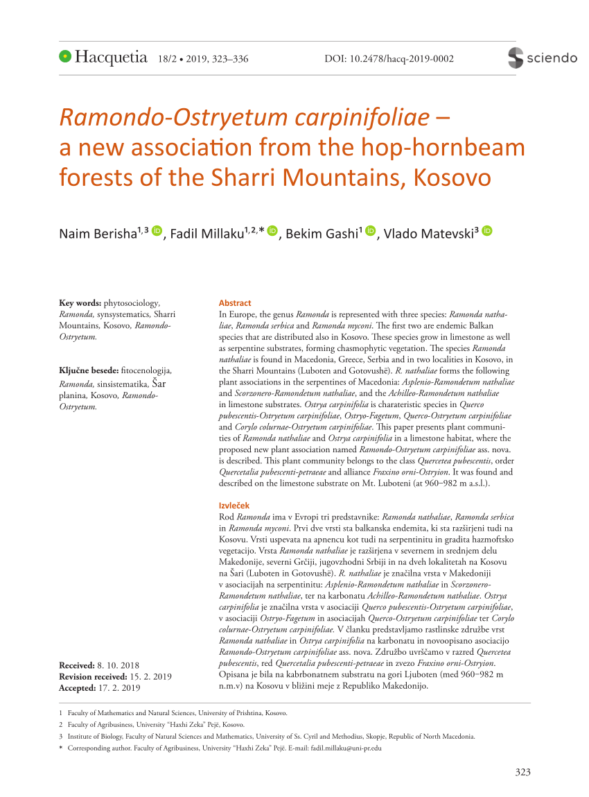 PDF) Ramondo-Ostryetum carpinifoliae – a new association from the  hop-hornbeam forests of the Sharri Mountains, Kosovo