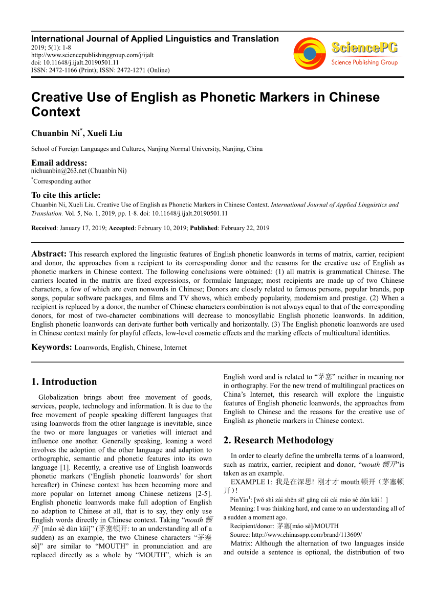 Pdf Creative Use Of English As Phonetic Markers In Chinese Context