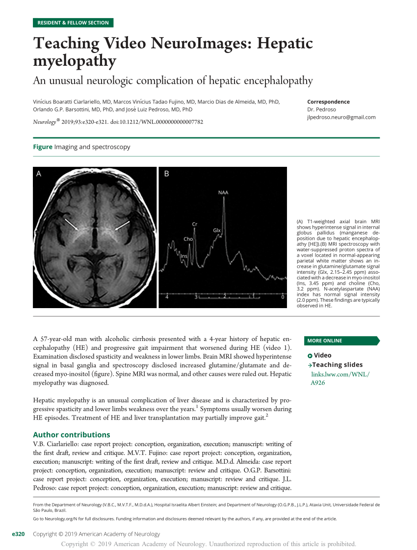 Pdf Teaching Video Neuroimages Hepatic Myelopathy An Unusual Neurologic Complication Of Hepatic Encephalopathy