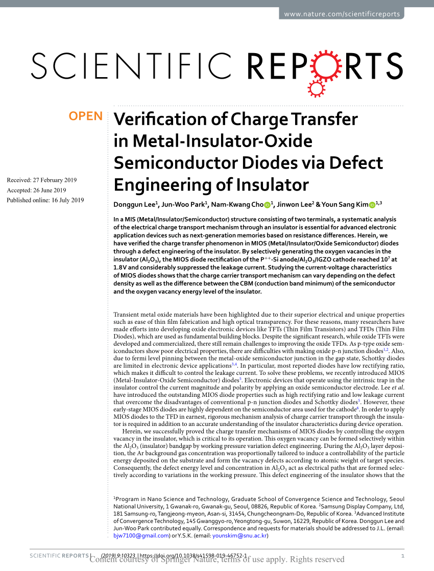Verification of Charge Transfer in Metal-Insulator-Oxide Semiconductor  Diodes via Defect Engineering of Insulator
