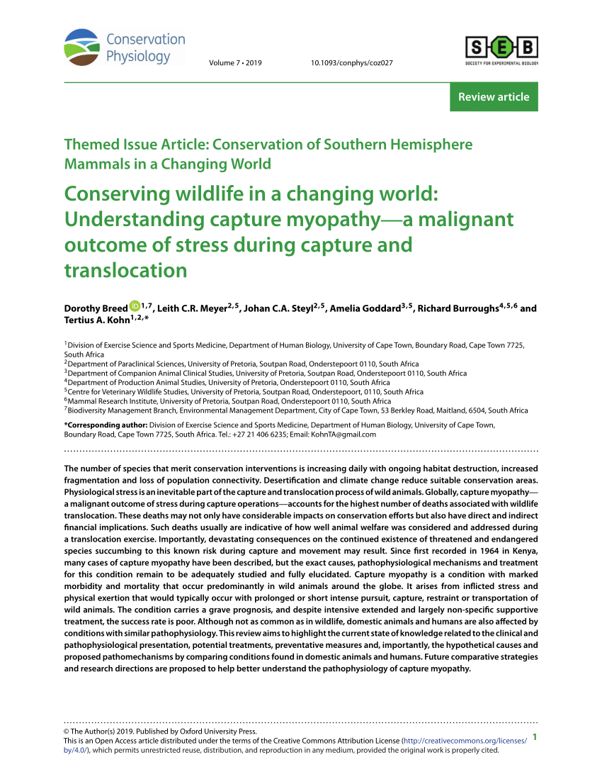 PDF) Conserving wildlife in a changing world: Understanding capture myopathy  - A malignant outcome of stress during capture and translocation