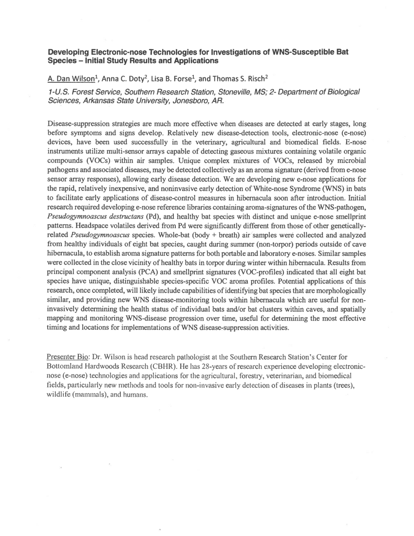 Pdf Developing Electronic Nose Technologies For Investigations Of Wns Susceptible Bat Species 