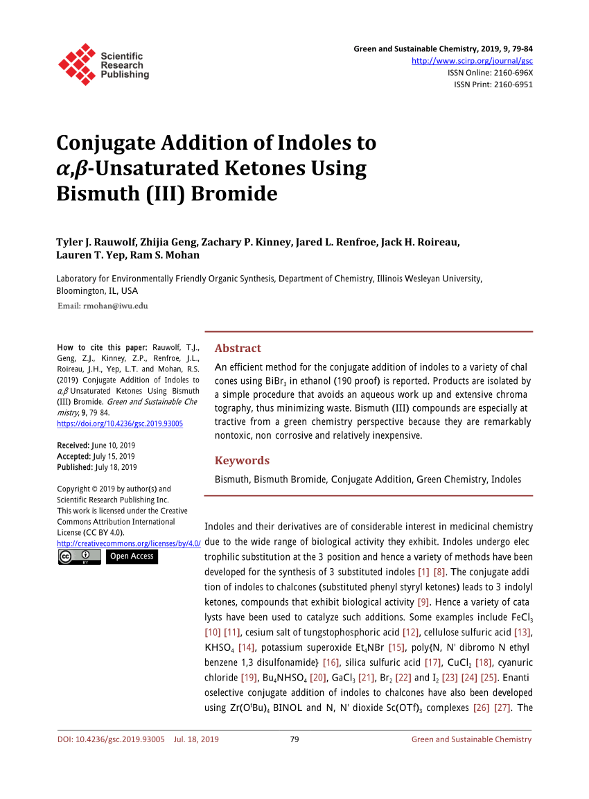 Pdf Conjugate Addition Of Indoles To A B Unsaturated Ketones Using Bismuth Iii Bromide