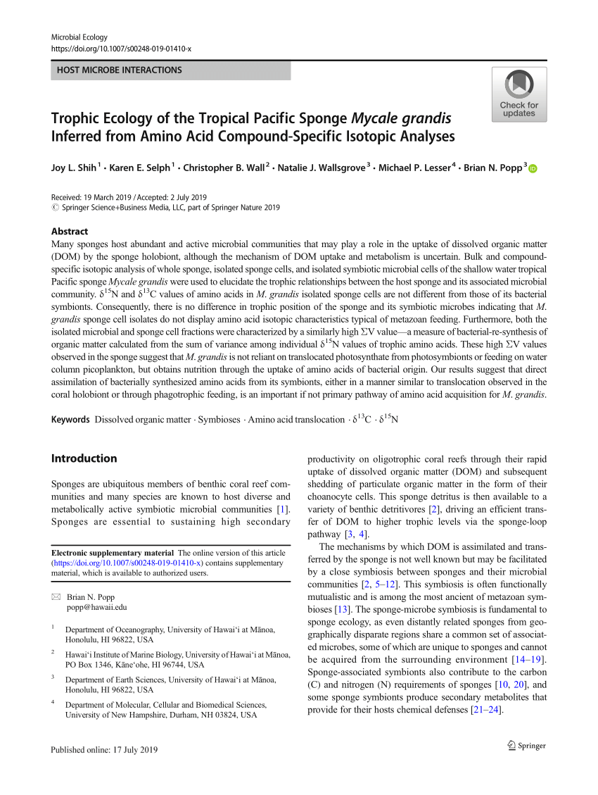 Pdf Trophic Ecology Of The Tropical Pacific Sponge Mycale Grandis Inferred From Amino Acid Compound Specific Isotopic Analyses