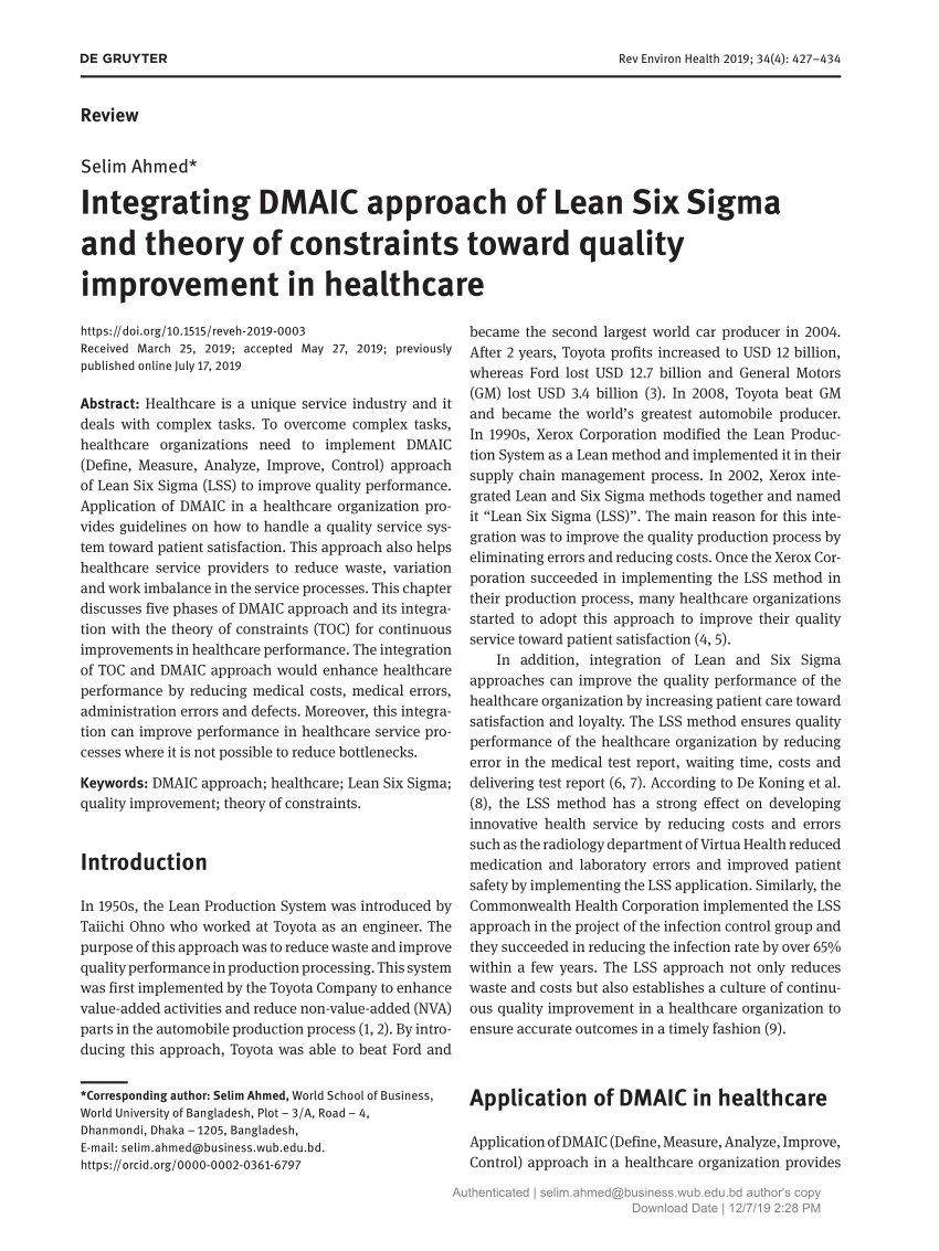 Pdf Integrating Dmaic Approach Of Lean Six Sigma And Theory Of