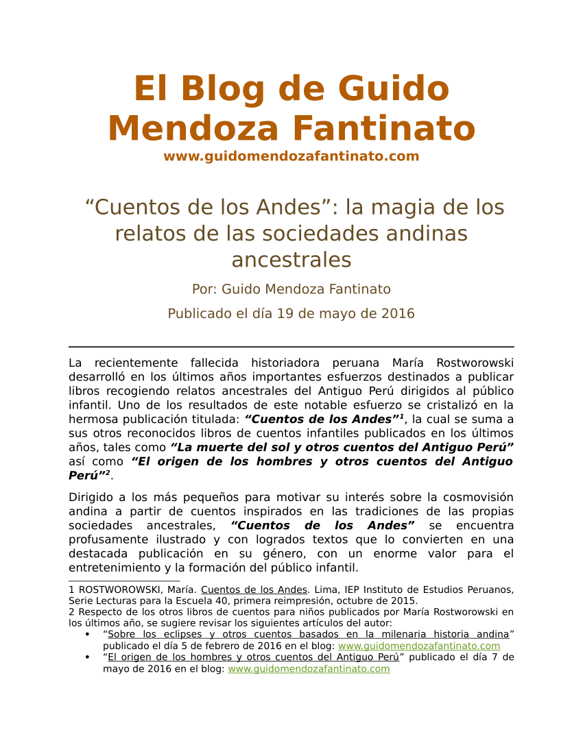 PDF) “Cuentos de los Andes”: la magia de los relatos de las sociedades  andinas ancestrales. En: El Blog de Guido Mendoza Fantinato
