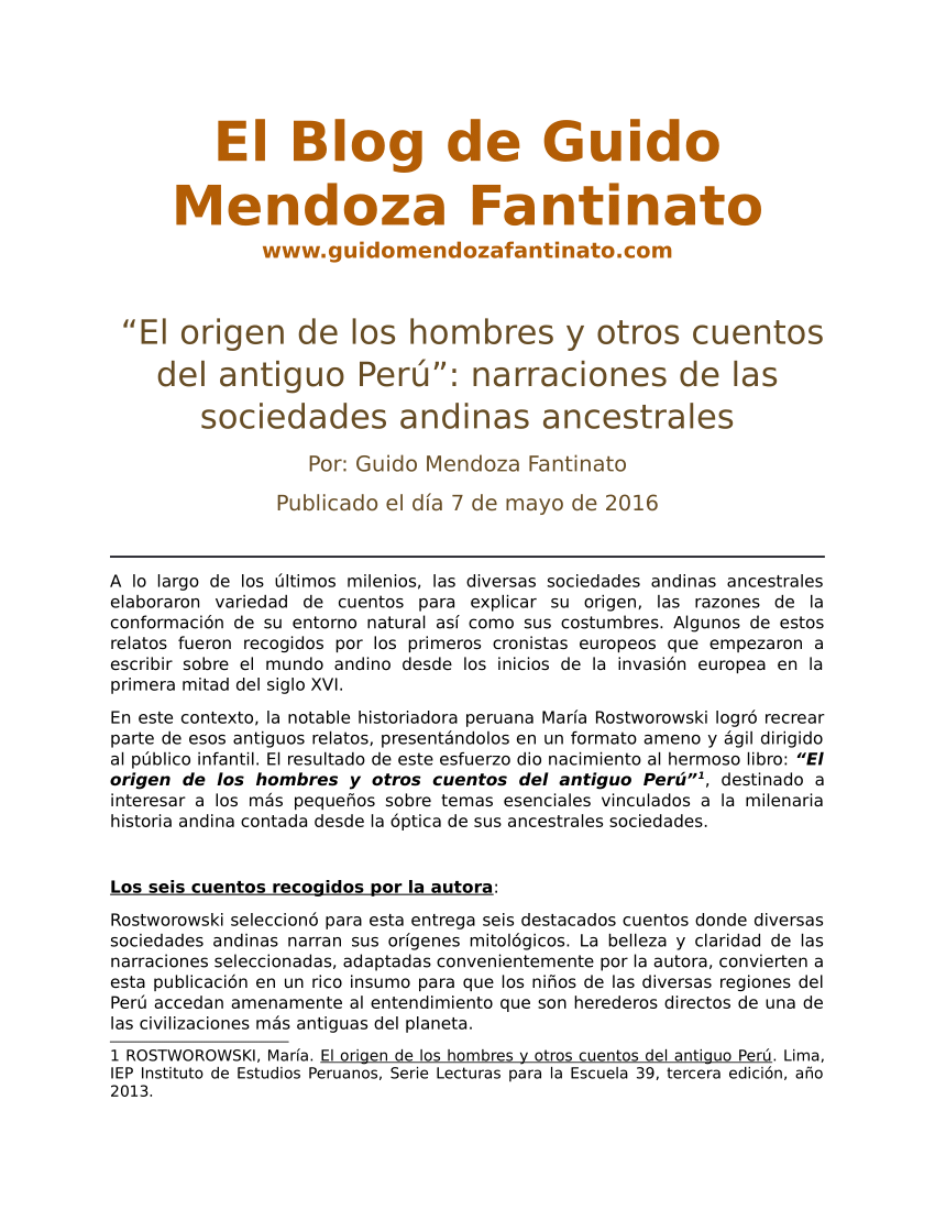 PDF) “El origen de los hombres y otros cuentos del antiguo Perú”:  narraciones de las sociedades andinas ancestrales. En: El Blog de Guido  Mendoza Fantinato