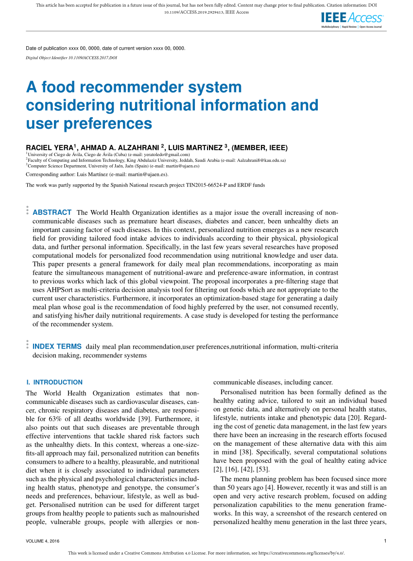 PDF) A Food Recommender System Considering Nutritional Information ...