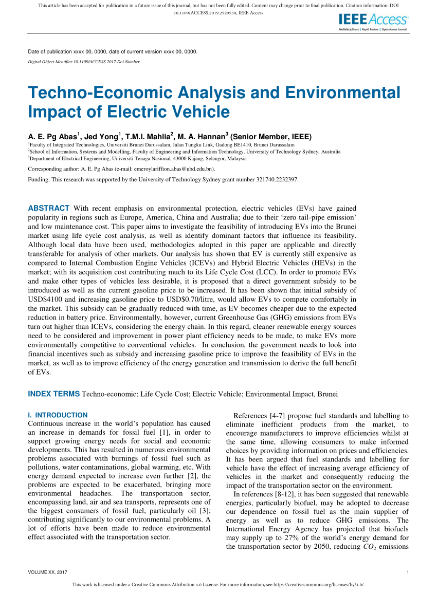 (PDF) TechnoEconomic Analysis and Environmental Impact of Electric Vehicle