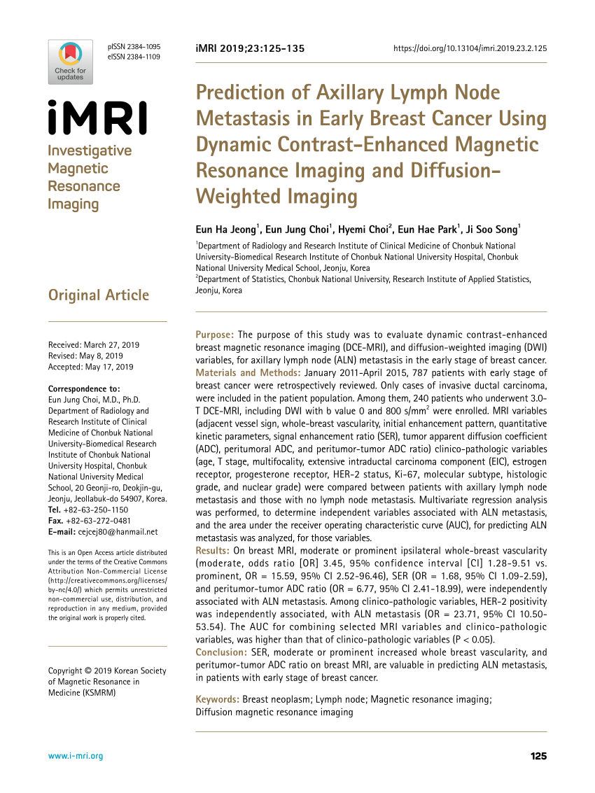 Pdf Prediction Of Axillary Lymph Node Metastasis In Early Breast Cancer Using Dynamic Contrast 