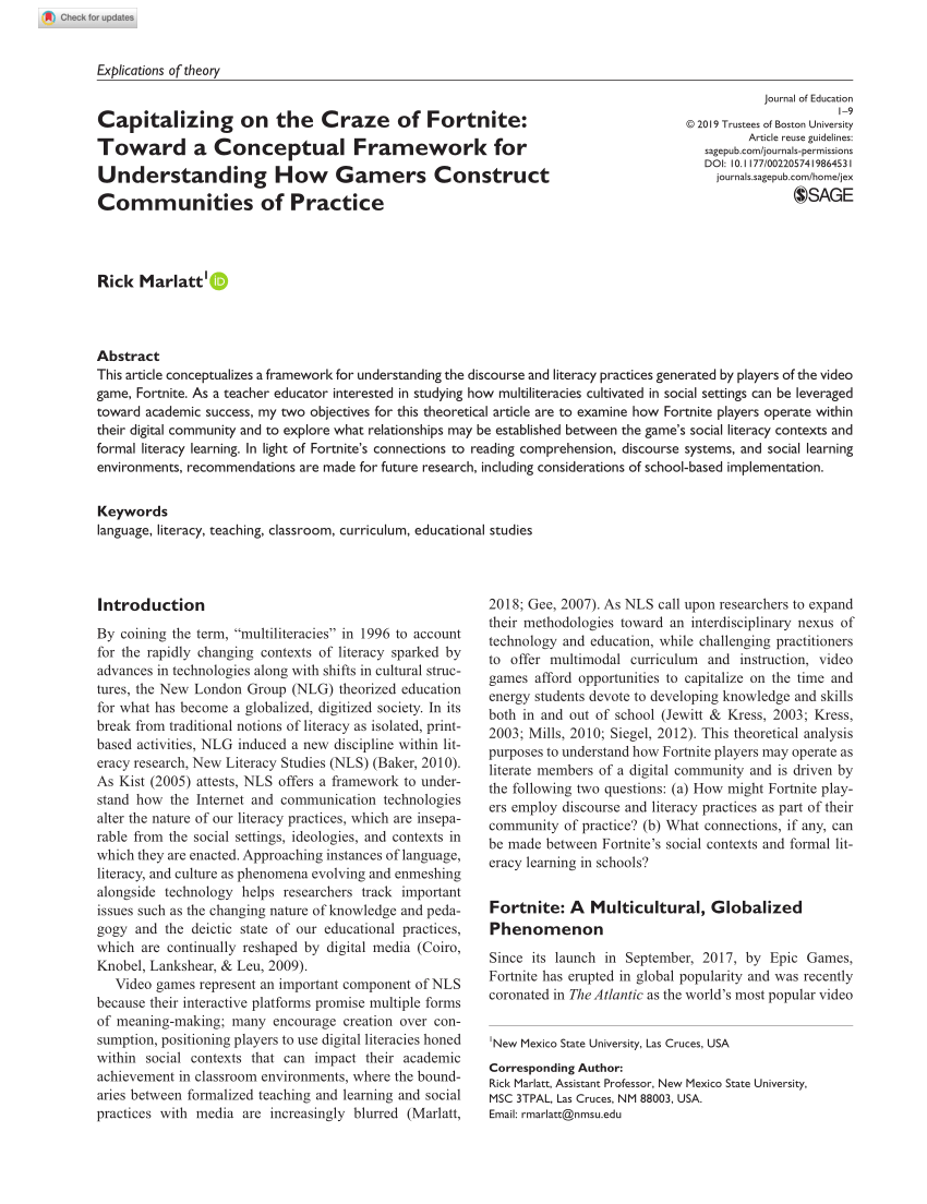 Fortnite Mania Issues Academic Article Pdf Capitalizing On The Craze Of Fortnite Toward A Conceptual Framework For Understanding How Gamers Construct Communities Of Practice