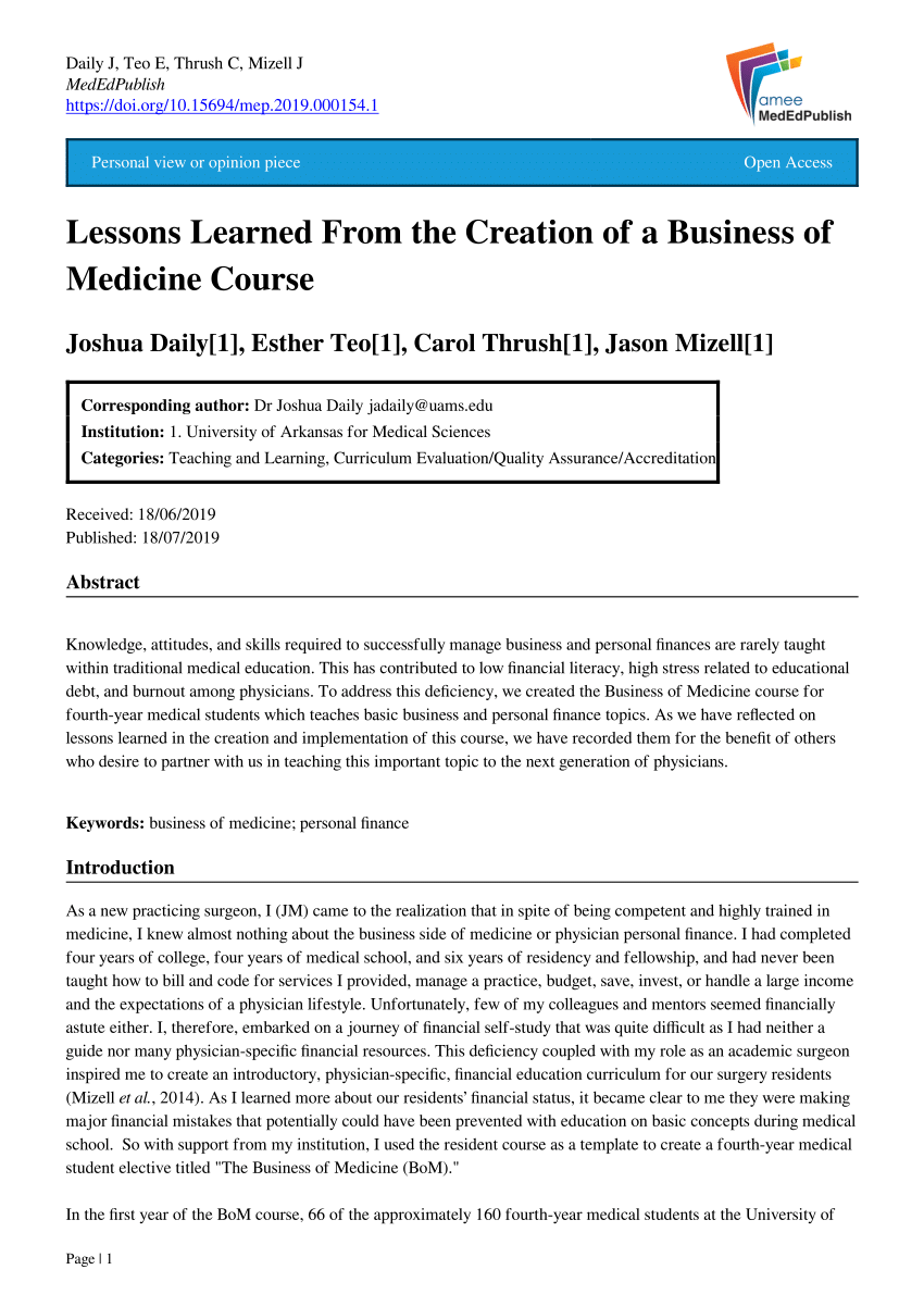 PDF) Lessons Learned From the Creation of a Business of Medicine ...