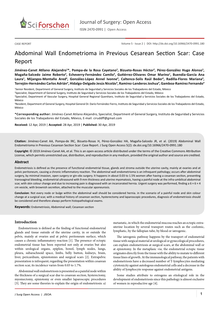 Pdf Abdominal Wall Endometrioma In Previous Cesarean Section Scar Case Report 0712