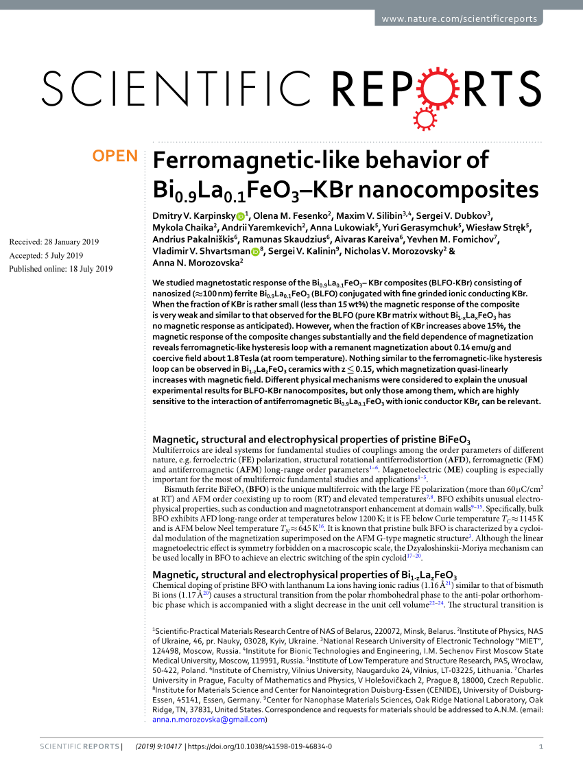PDF) Ferromagnetic-like behavior of Bi 0.9 La 0.1 FeO 3 –KBr 