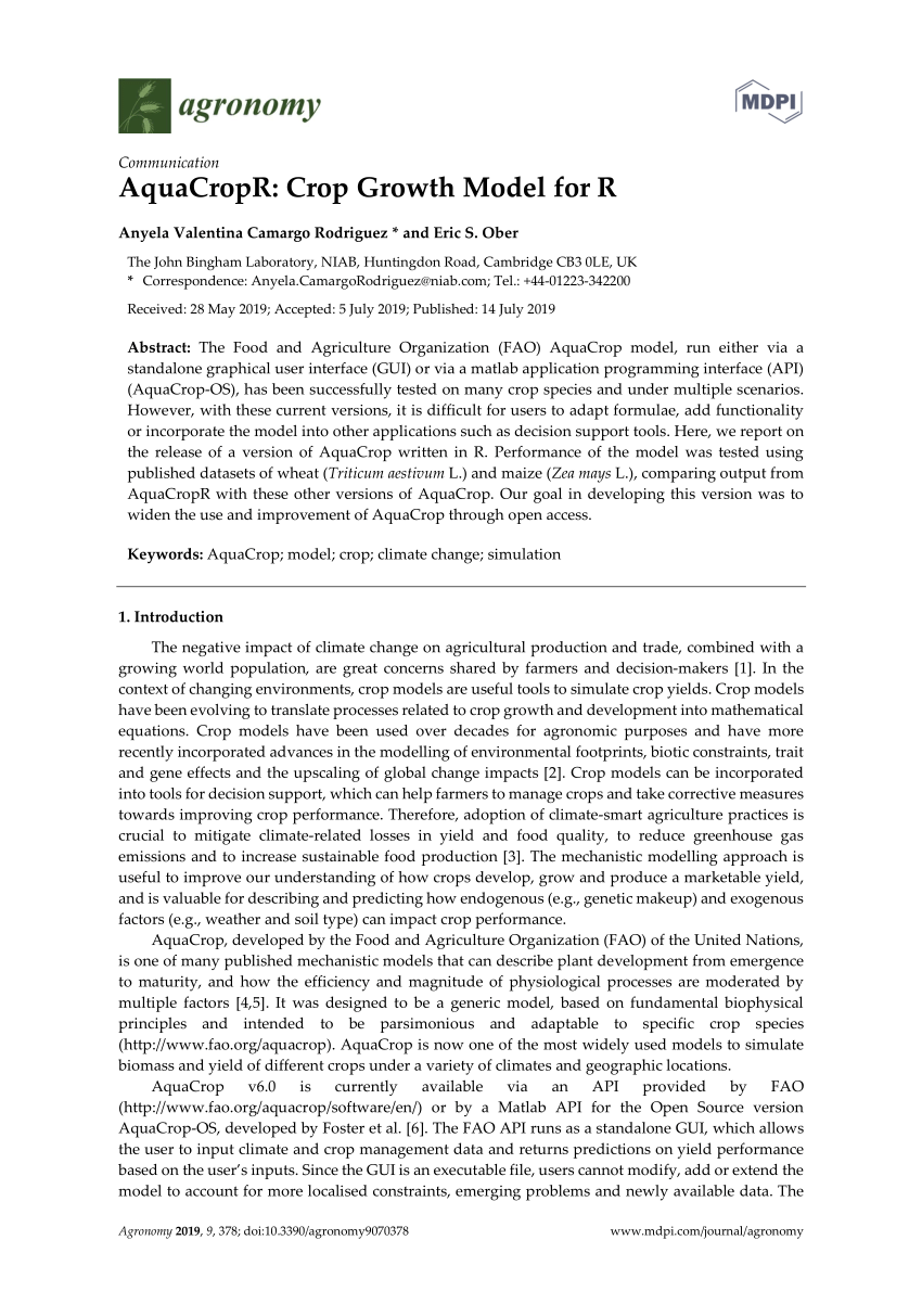 Pdf Aquacropr Crop Growth Model For R - 