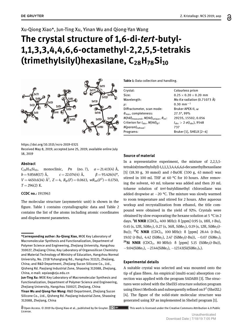 Pdf The Crystal Structure Of 1 6 Di Tert Butyl 1 1 3 3 4 4 6 6 Octamethyl 2 2 5 5 Tetrakis Trimethylsilyl Hexasilane C28h78si10