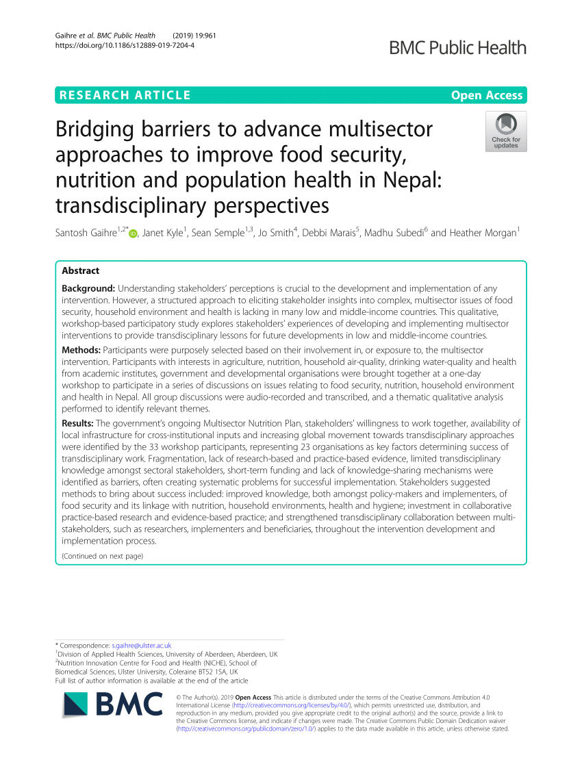 Pdf Bridging Barriers To Advance Multisector Approaches To Improve Food Security Nutrition And Population Health In Nepal Transdisciplinary Perspectives