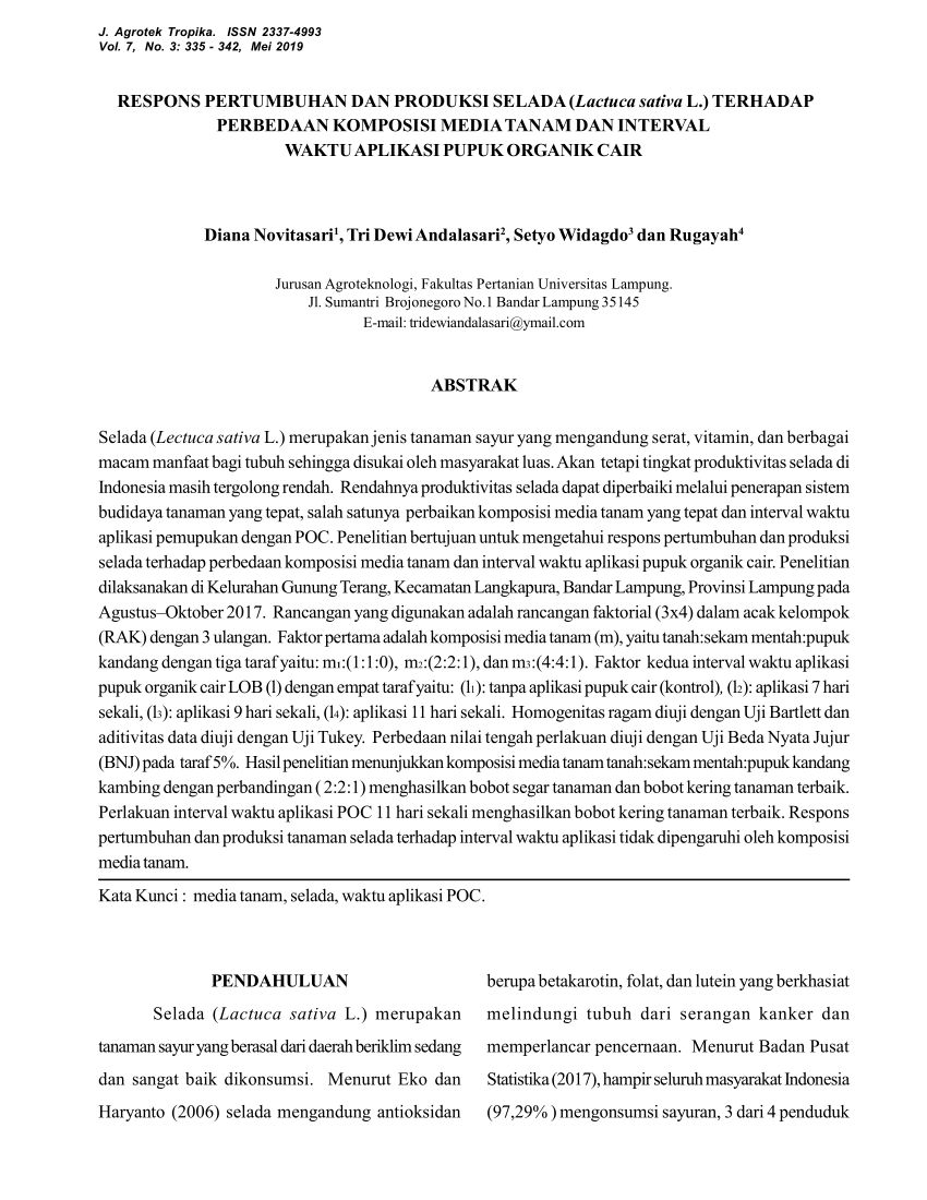  PDF RESPONS PERTUMBUHAN DAN PRODUKSI SELADA Lactuca 