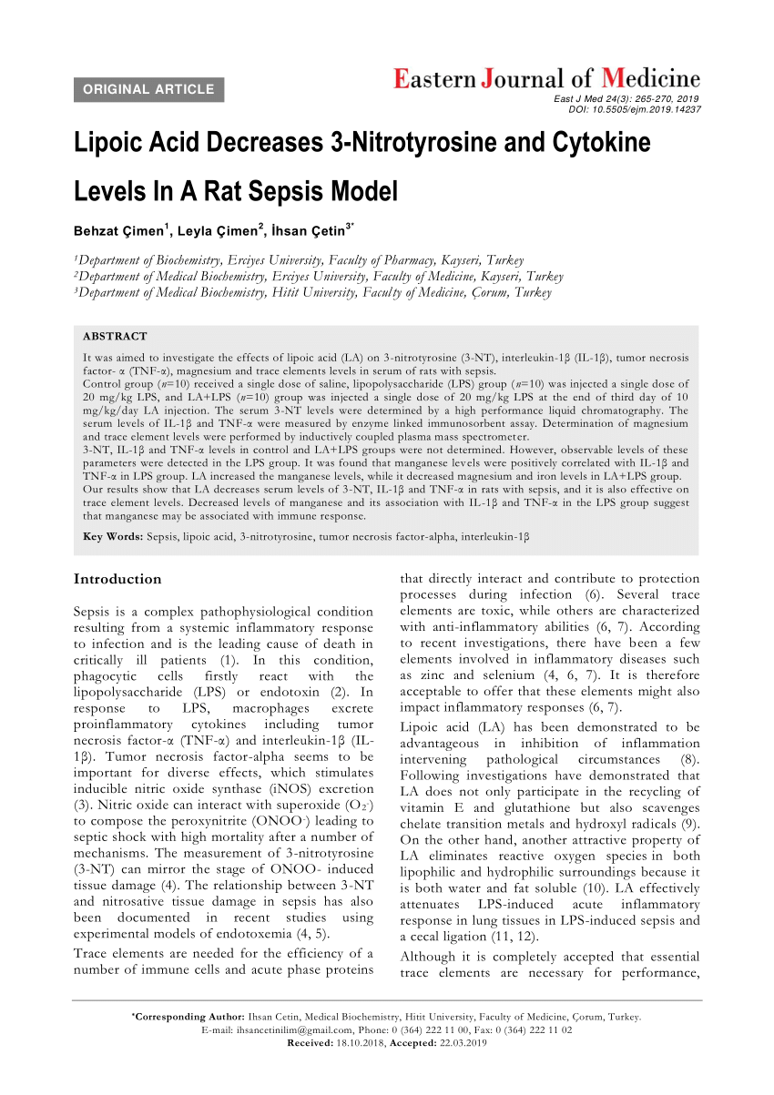 pdf lipoic acid decreases 3 nitrotyrosine and cytokine levels in a rat sepsis model