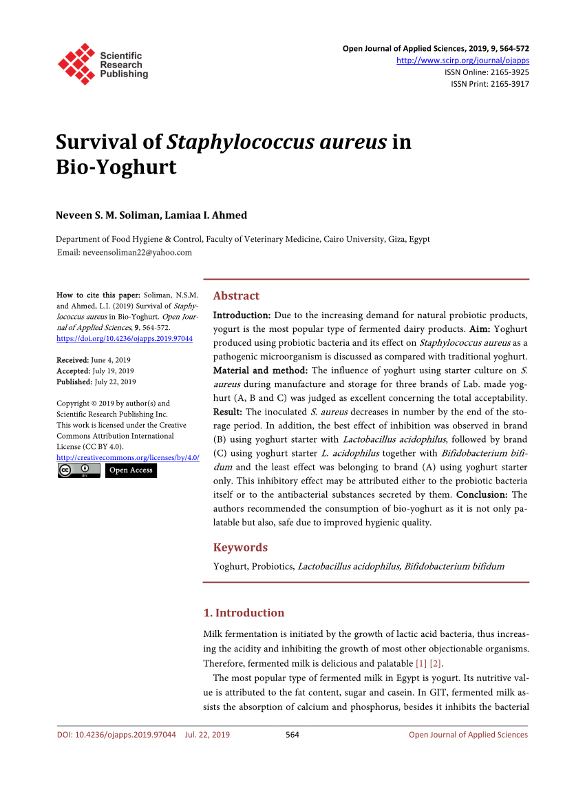 Pdf Survival Of Staphylococcus Aureus In Bio Yoghurt