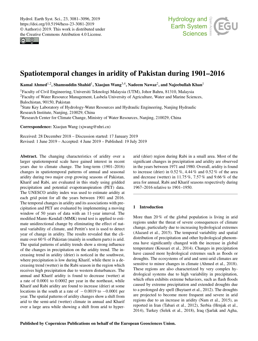 Pdf Spatiotemporal Changes In Aridity Of Pakistan During 1901 16