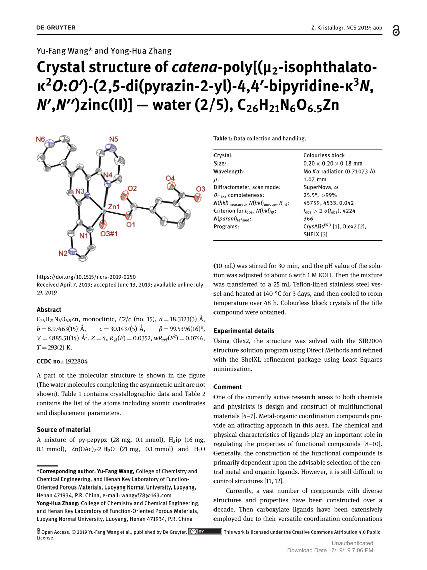 Pdf Crystal Structure Of Catena Poly M2 Isophthalato K2o O 2 5 Di Pyrazin 2 Yl 4 4 Bipyridine K3n N N Zinc Ii Water 2 5 C26h21n6o6 5zn
