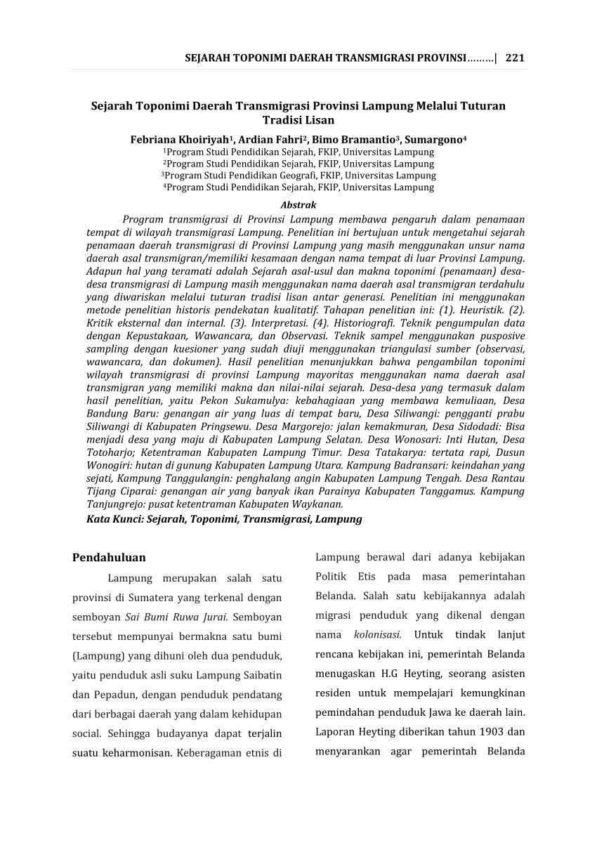 Pdf Sejarah Toponimi Daerah Transmigrasi Provinsi Lampung Melalui